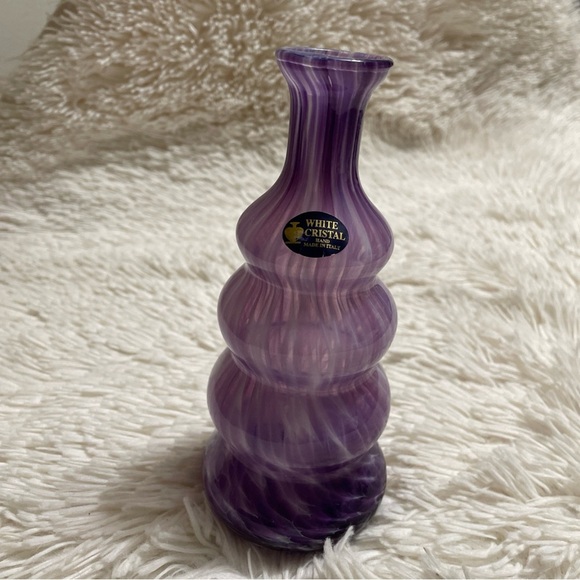 White Crystal Bottle Vase Made In Italy Purple & White Stripes Swirls Tapered - Picture 5 of 6